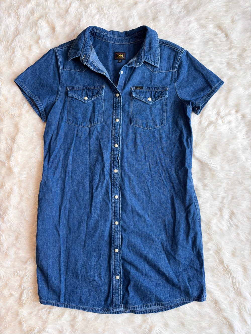 Lee Heritage Western Denim Pearl Snap Short Sleeve Shirt Dress Womens Medium